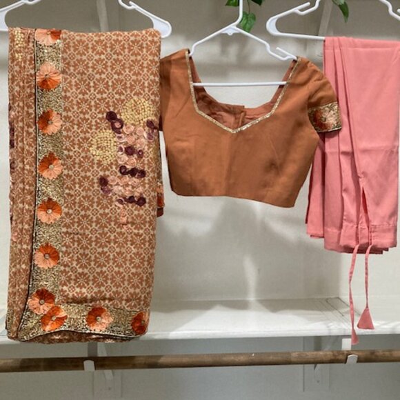 Peach embroidered sari with blouse. - Picture 3 of 4